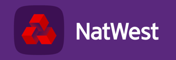 NatWest logo of three red cubes in a triangle on a purple background next to the white text “NatWest,” representing accessible banking.