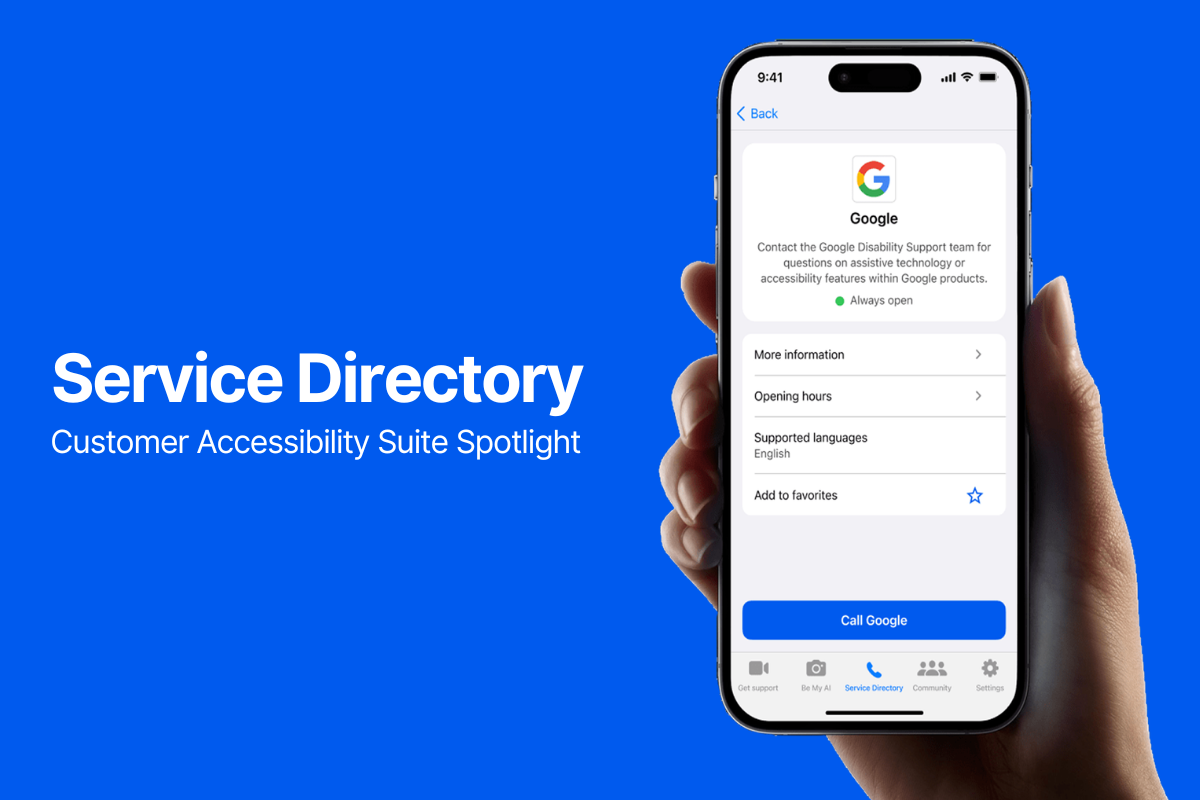 A hand holds a smartphone displaying the Google profile on the Be My Eyes Service Directory, offering contact options for the disability support team.