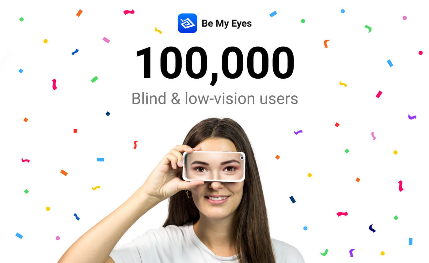 A woman playfully holds a smartphone over her eye, celebrating "Be My Eyes 100,000 users," amid vibrant confetti.