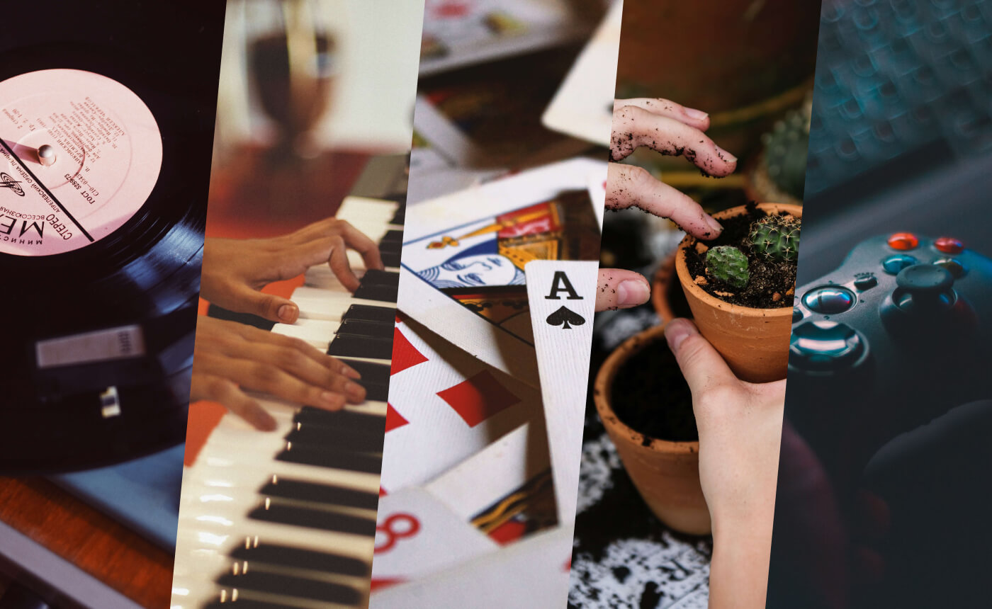 Collage of five activities: spinning vinyl records, tinkling piano keys, shuffling and dealing cards, nurturing succulents, and gaming with a controller.