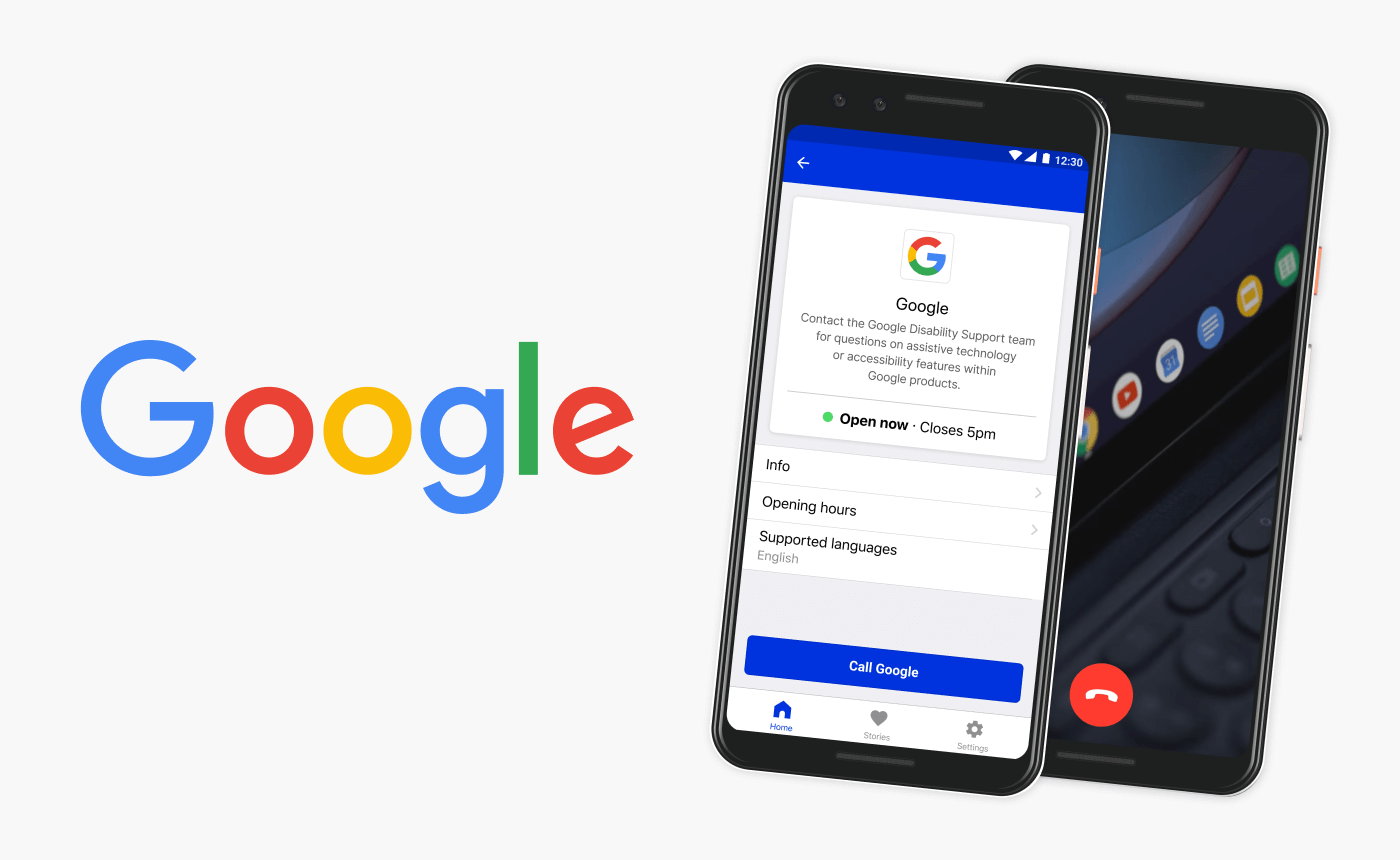 Two smartphones display an app interface for contacting Google support. One phone shows contact options, while the other has a call screen. The Google logo appears on the left.