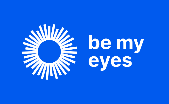 A radiant white sunburst design complemented by the inspiring "be my eyes" text graces a soothing blue background, symbolizing hope and connection.