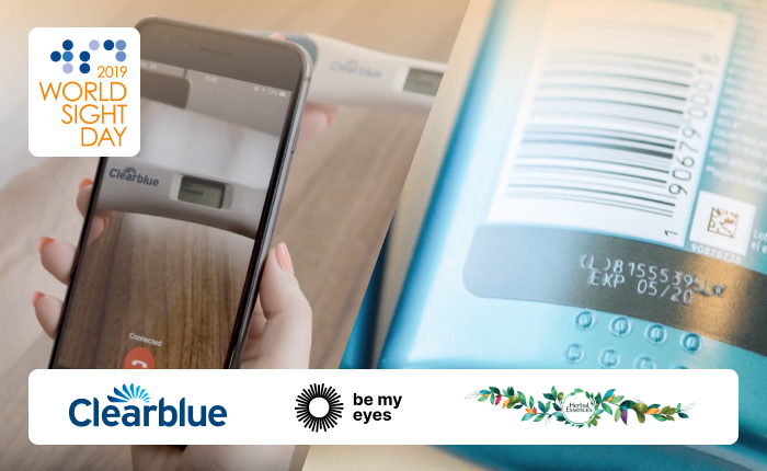 A smartphone app reads a Clearblue pregnancy test, featuring logos for Clearblue, Be My Eyes, and The Valuable 500. This initiative aligns with World Sight Day 2019.