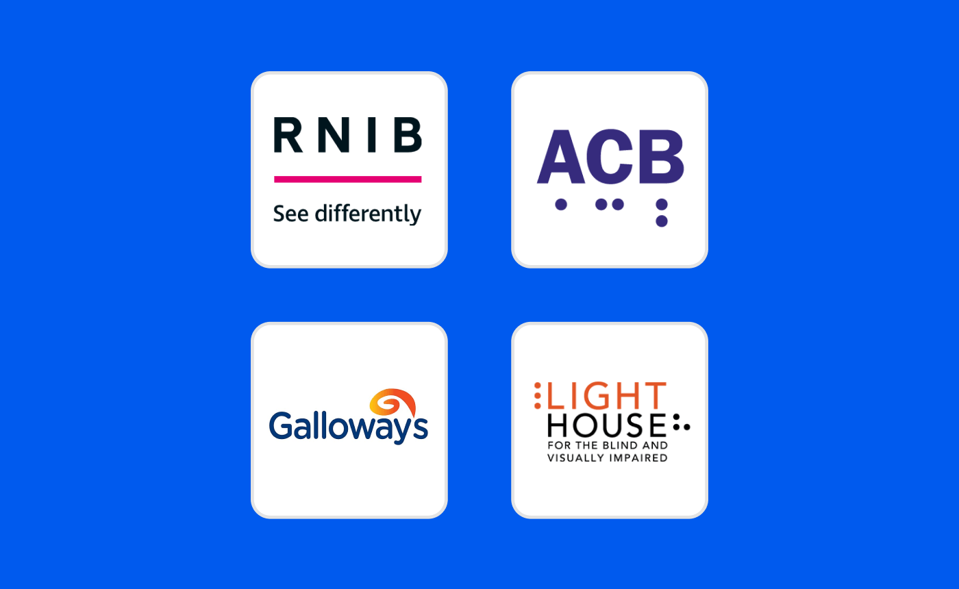 Logos of RNIB, ACB, Galloways, and LightHouse for the Blind featured against a calming blue background.