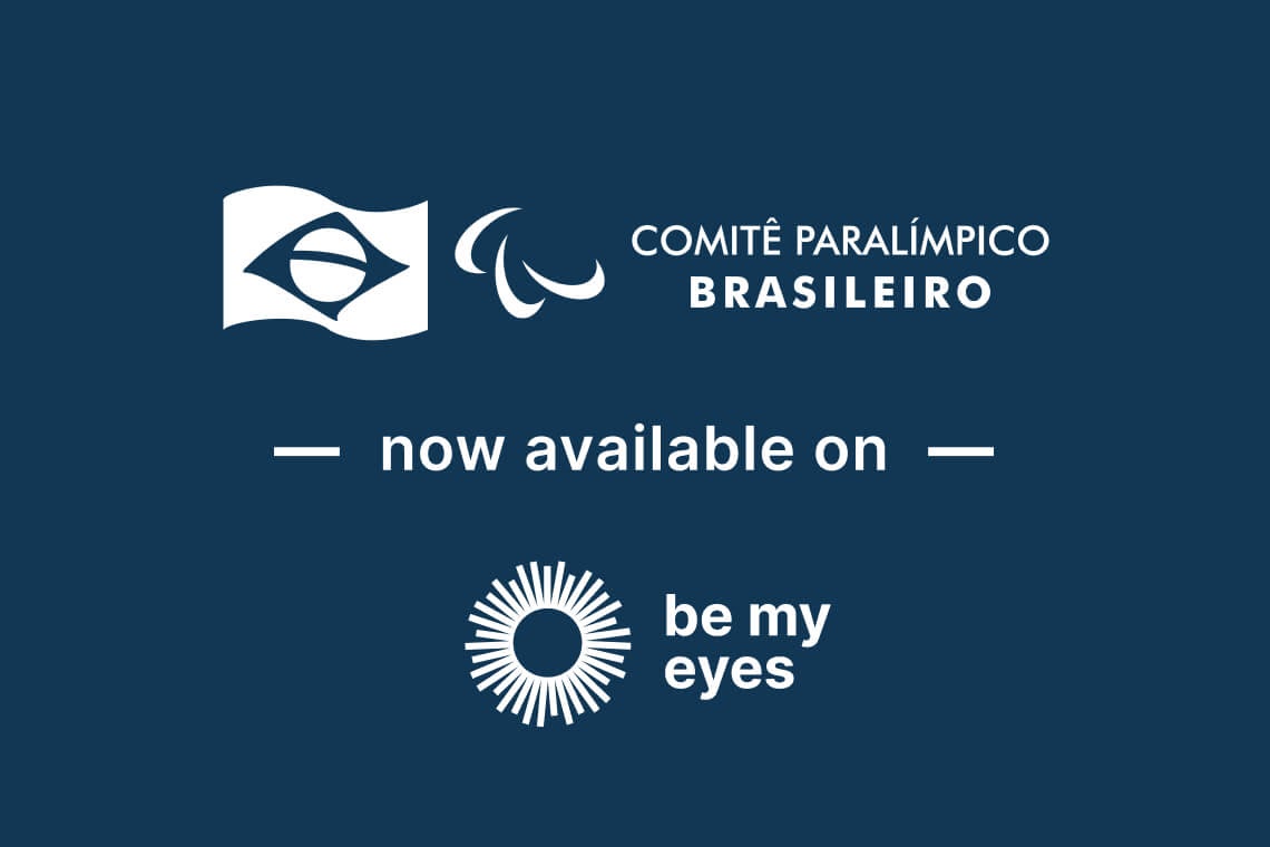 Logos of the Brazilian Paralympic Committee and Be My Eyes are displayed with text: "now available on Be My Eyes" against a dark blue background, highlighting the new collaboration.