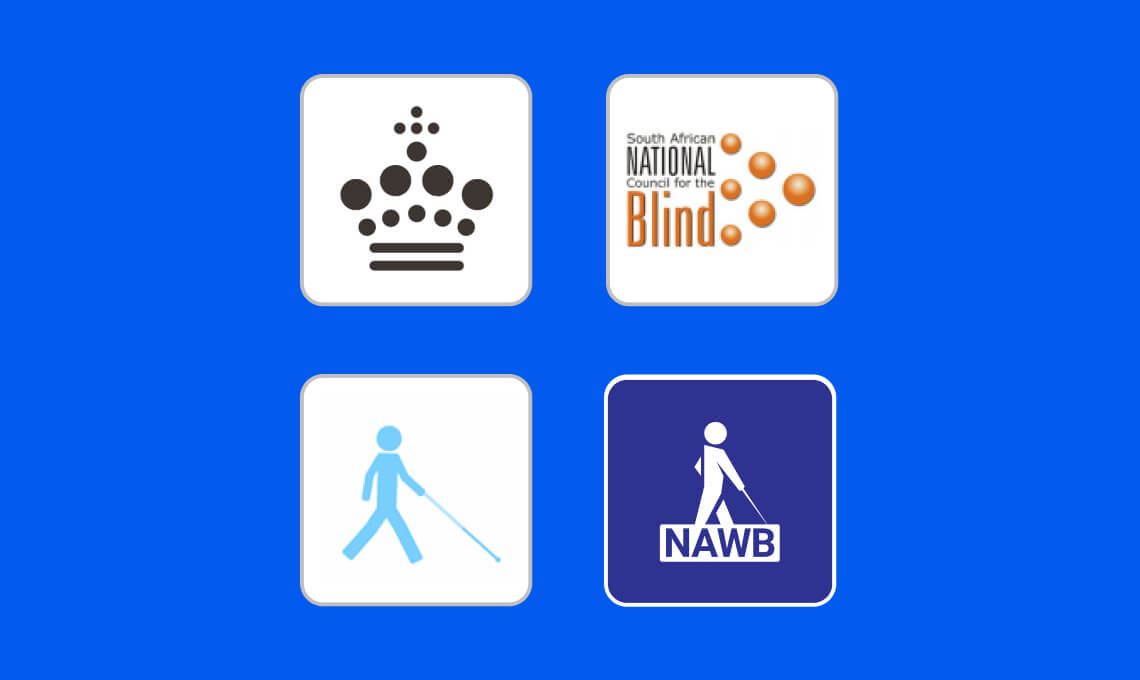 Four logos representing organizations dedicated to the blind, each positioned in a square on a calming blue background.