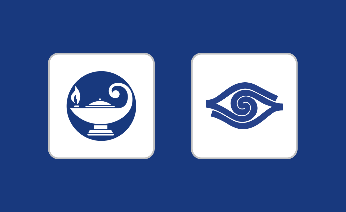 Two icons on a blue background: on the left, there's a round lamp with a flickering flame; to the right, an abstract eye design incorporates intricate spiral details.