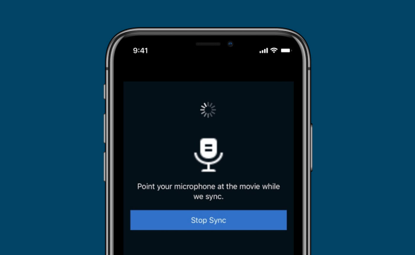 A smartphone screen shows a syncing interface featuring a microphone icon, loading spinner, and the message: "Point your microphone at the movie while we sync." The backdrop captures an engaging rhythm. Below is a prominent "Stop Sync" button.