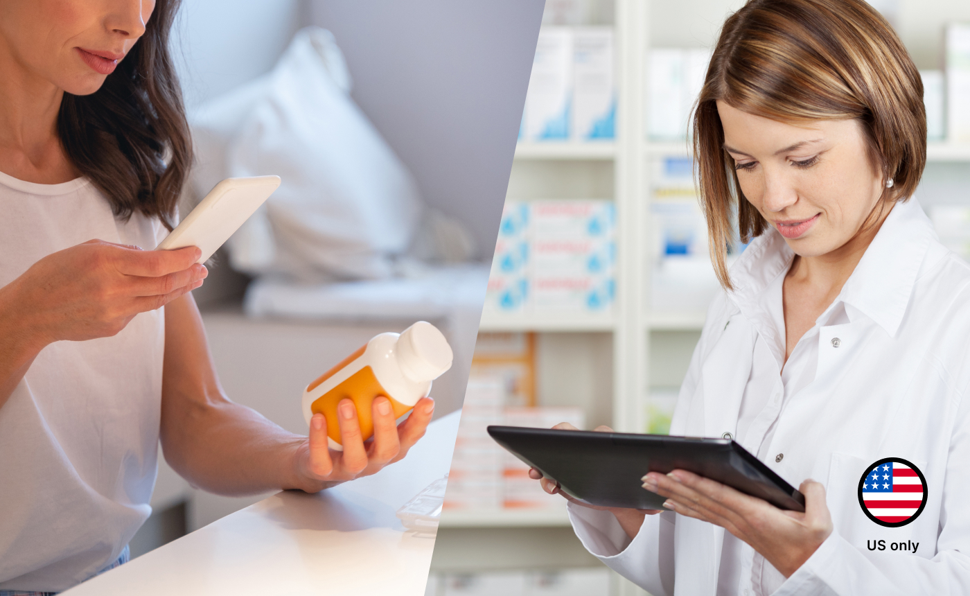 Split image: On the left, a woman uses a smartphone to scan a prescription bottle seamlessly. On the right, a pharmacist checks medication in an organized pharmacy. A "US only" label with a flag is positioned at the bottom right corner—a perfect blend of technology and expertise in healthcare.