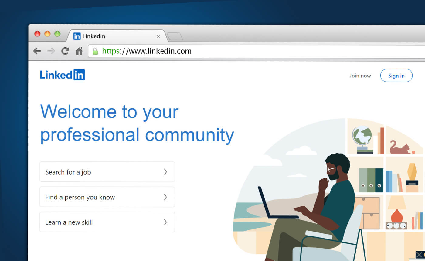 The LinkedIn homepage offers tools to search for a job, connect with people, or learn new skills. An illustration depicts a person using a laptop, emphasizing seamless networking and growth.