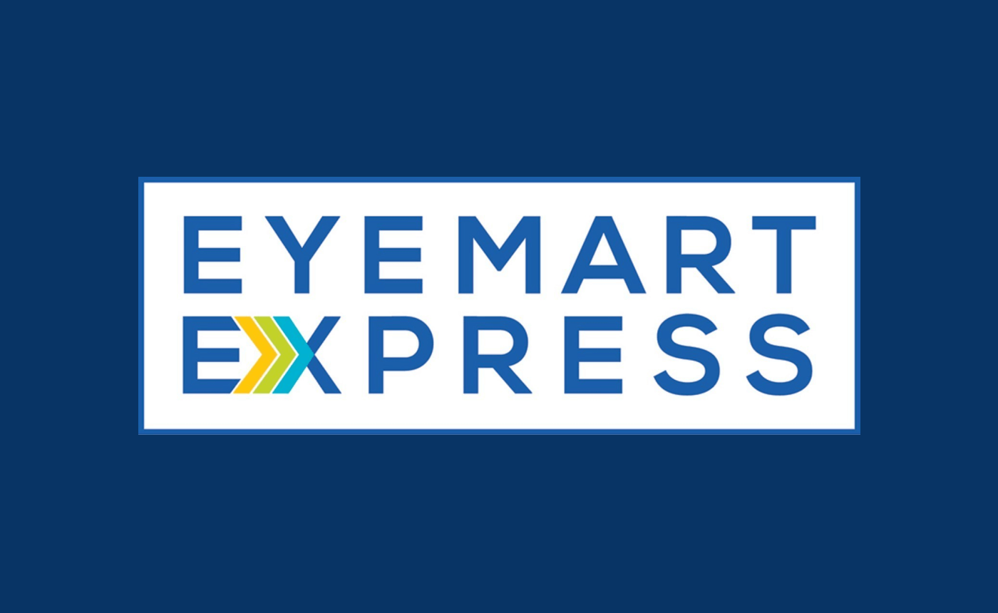 The Eyemart Express logo features stylized block letters complemented by a vibrant yellow-green-blue arrow pointing right, all set against a rich dark blue background, conveying a sense of forward movement and vision.