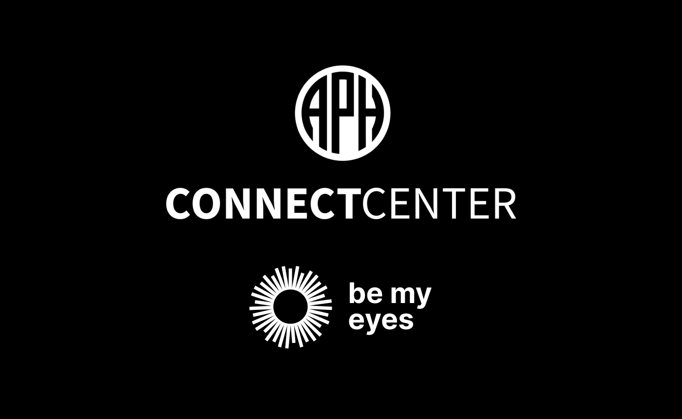 The design features a sleek black background with crisp white logos and text. At the top is the APH logo, followed by "CONNECTCENTER" in the middle. Below, a stylish eye graphic accompanies the phrase "be my eyes.
