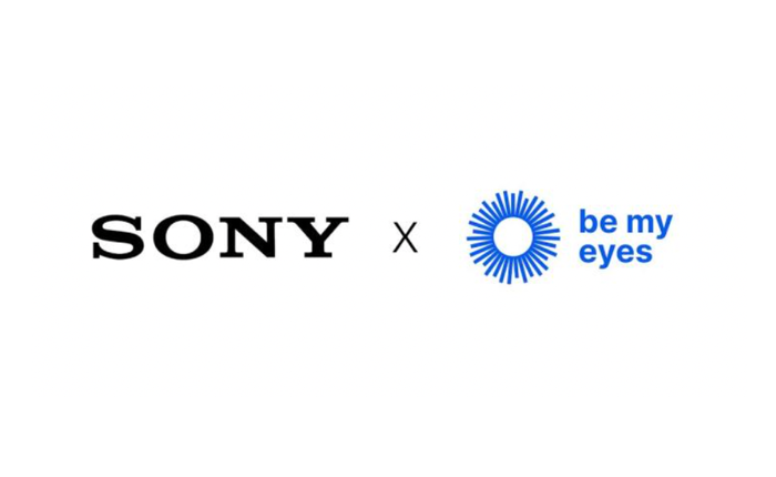 The Sony logo is paired with a blue circular emblem featuring rays, alongside the phrase "be my eyes," highlighting innovation and inclusivity.