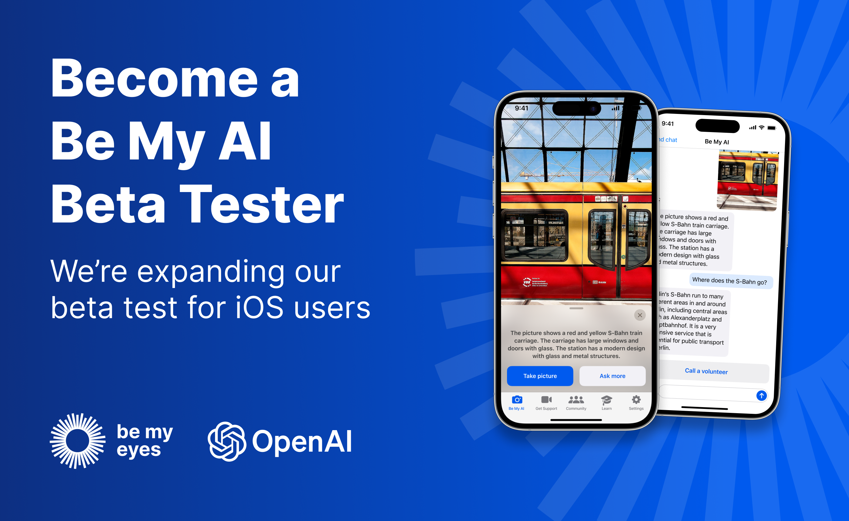 Join the cutting-edge world of "Be My AI" by becoming a beta tester. Experience the innovative app interfaces on two sleek iPhones, featuring prominent logos from Be My Eyes and OpenAI. Dive into a future where technology meets accessibility, and be part of something revolutionary!.