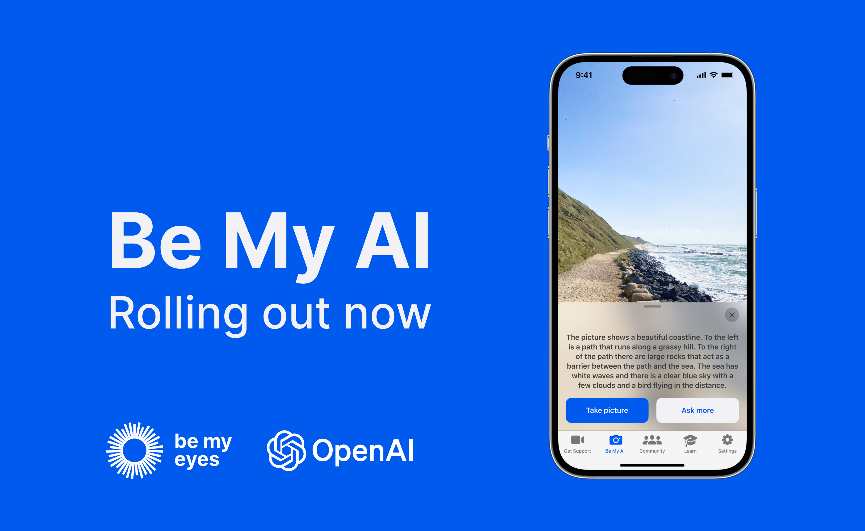 Be My AI announcement with a phone displaying the app interface. The screen shows a description of a coastal scene, with Be My Eyes and OpenAI logos on a blue background.