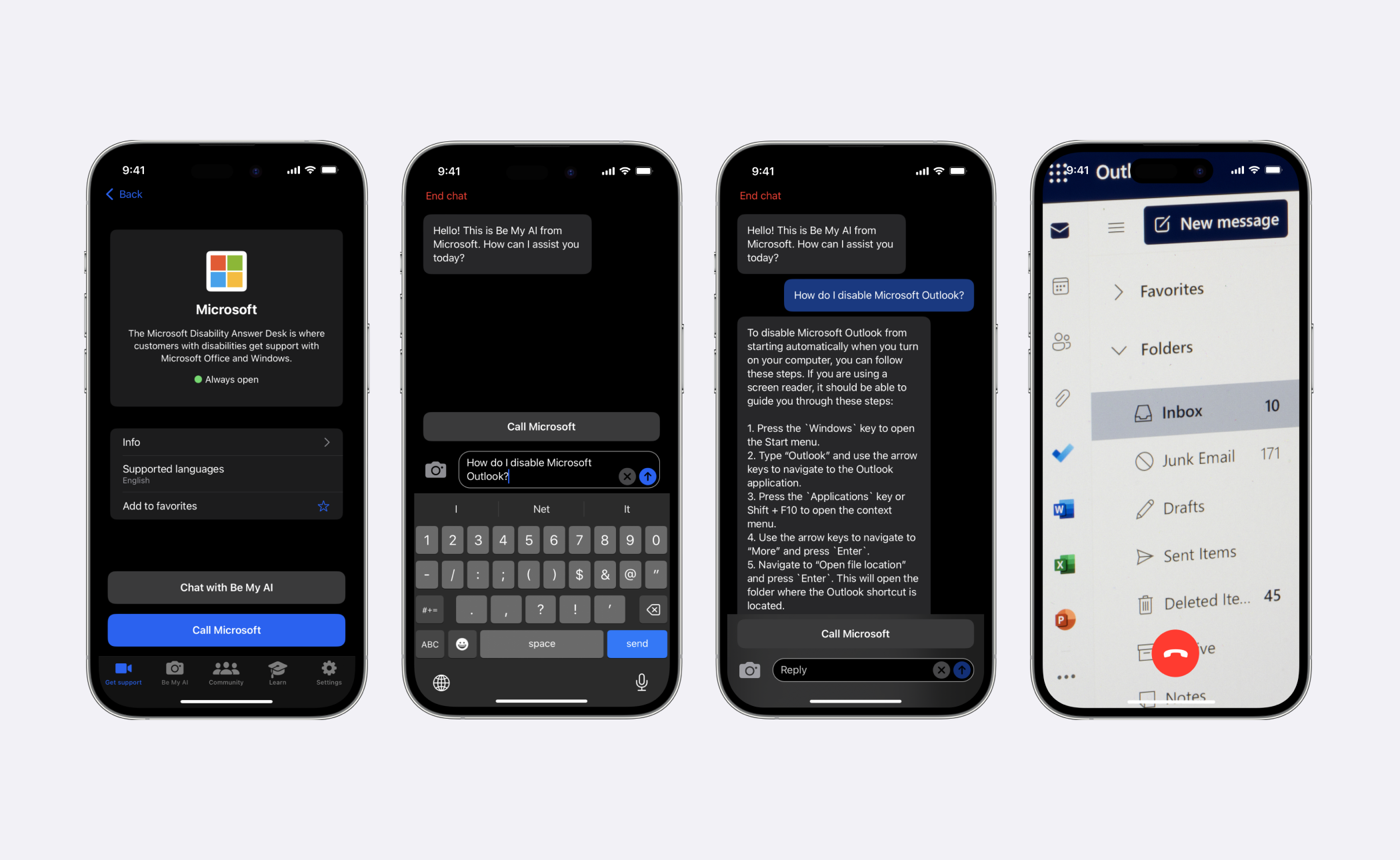 Four smartphone screens display a Microsoft support app chat about disabling Outlook, with a support reply and the Outlook inbox open.
