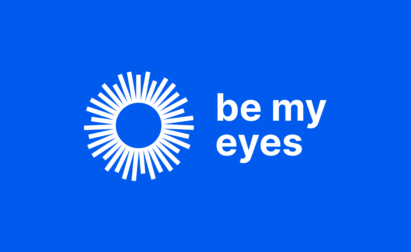 A white circular pattern and the phrase "be my eyes" stand out on a serene blue background, creating an inviting and supportive visual.