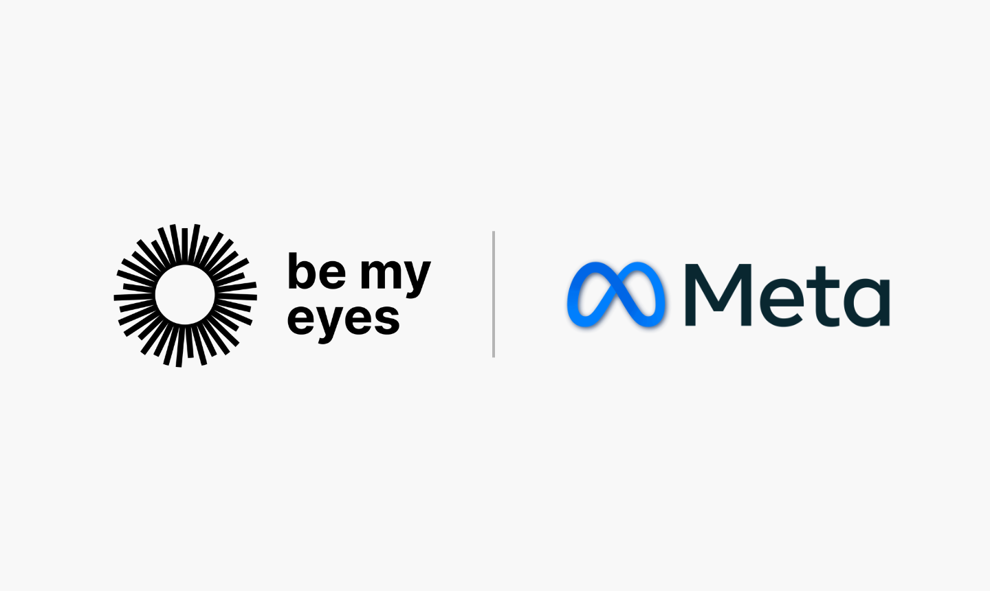 Logos of "Be My Eyes" with a sunburst icon and "Meta" with an infinity symbol, side by side on a white background.