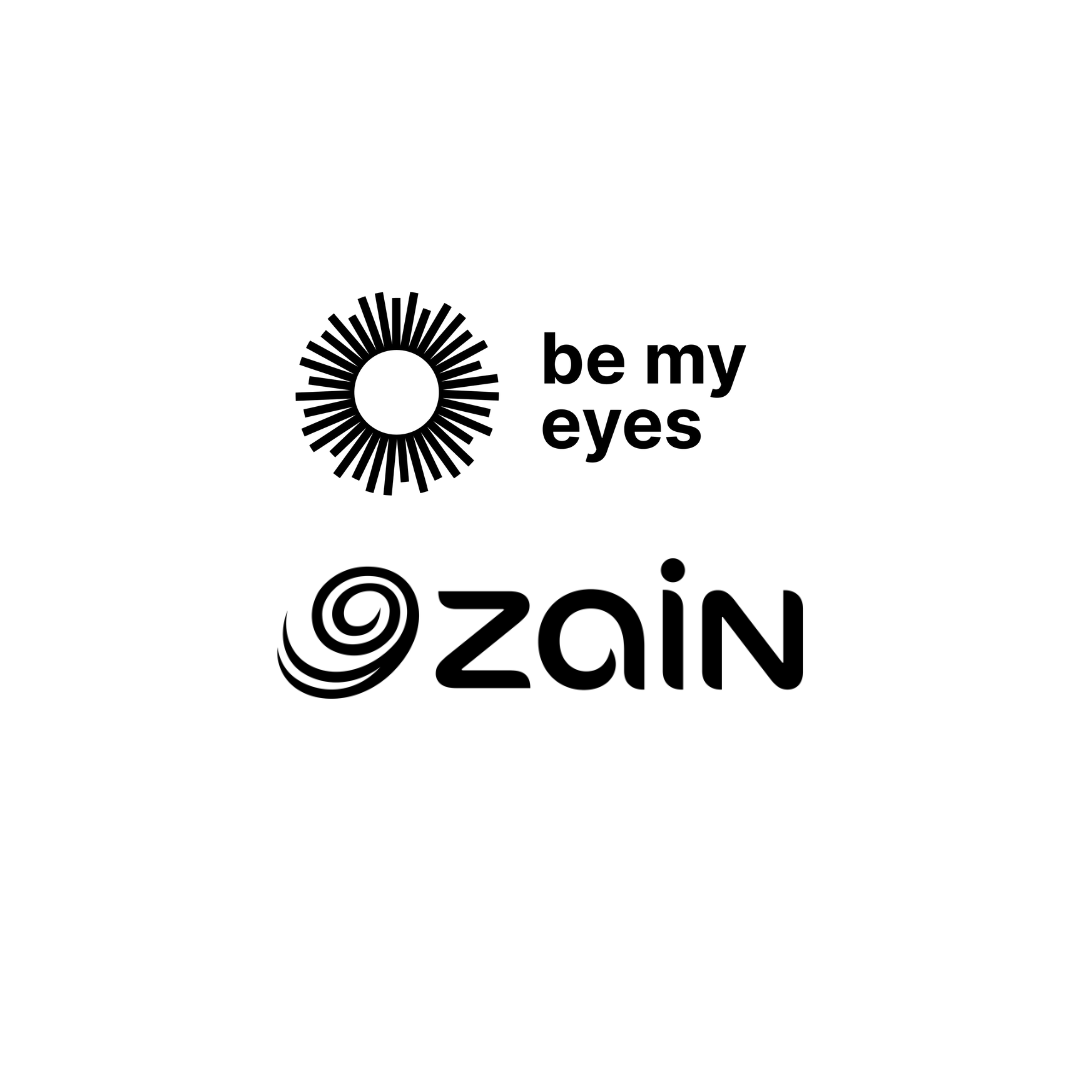 Logos of "Be My Eyes" and "Zain" are displayed on a white background, with "Be My Eyes" featuring an elegant circular design, while "Zain" showcases a creative spiral.