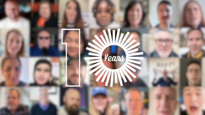 Collage of diverse people surrounding a graphic of the number "10" with "Years" inside a sunburst design.