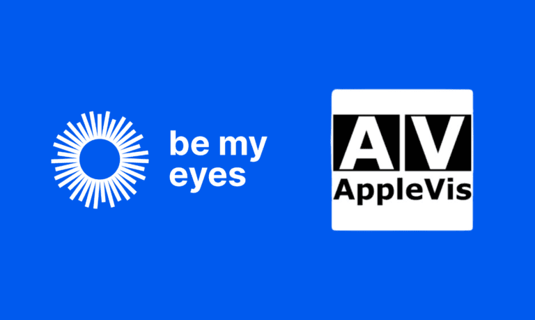 Logos of "Be My Eyes" featuring a vibrant circular sunburst and "AppleVis" showcasing the bold "AV" on a striking blue background.