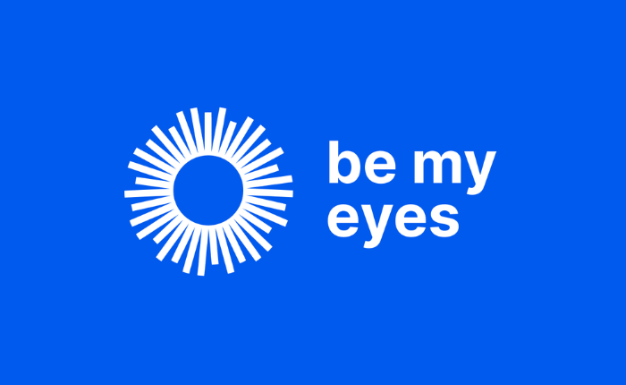 Blue background with a white circular sunburst logo on the left and the text "be my eyes" on the right.