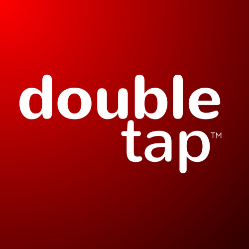 The image shows the words "double tap" in white lowercase letters with a trademark symbol on a red gradient background.
