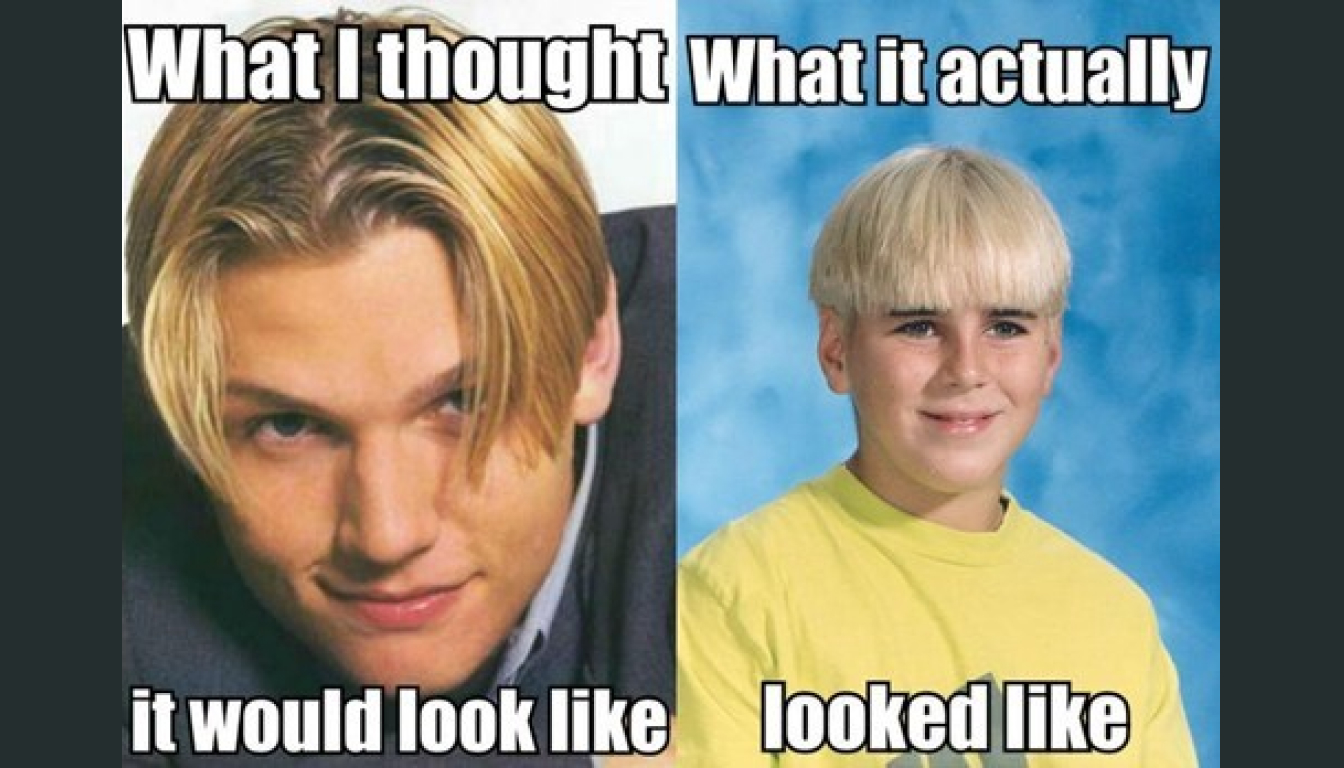 A popular meme highlights the expectations versus reality of a hairstyle. On the left, a dashing man showcases the ideal look; on the right, a boy sports an unexpected bowl cut. Captions read: "What I envisioned" and "The actual outcome.