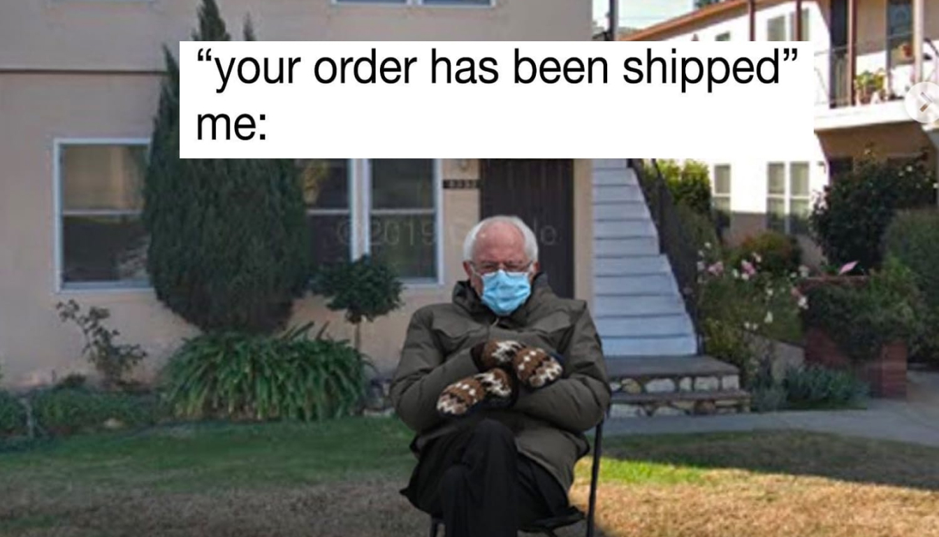 A person is sitting outdoors, comfortably wrapped up in a mask and mittens. Overhead, a playful caption reads, "your order has been shipped," and beneath them, the word "me" completes the scene.