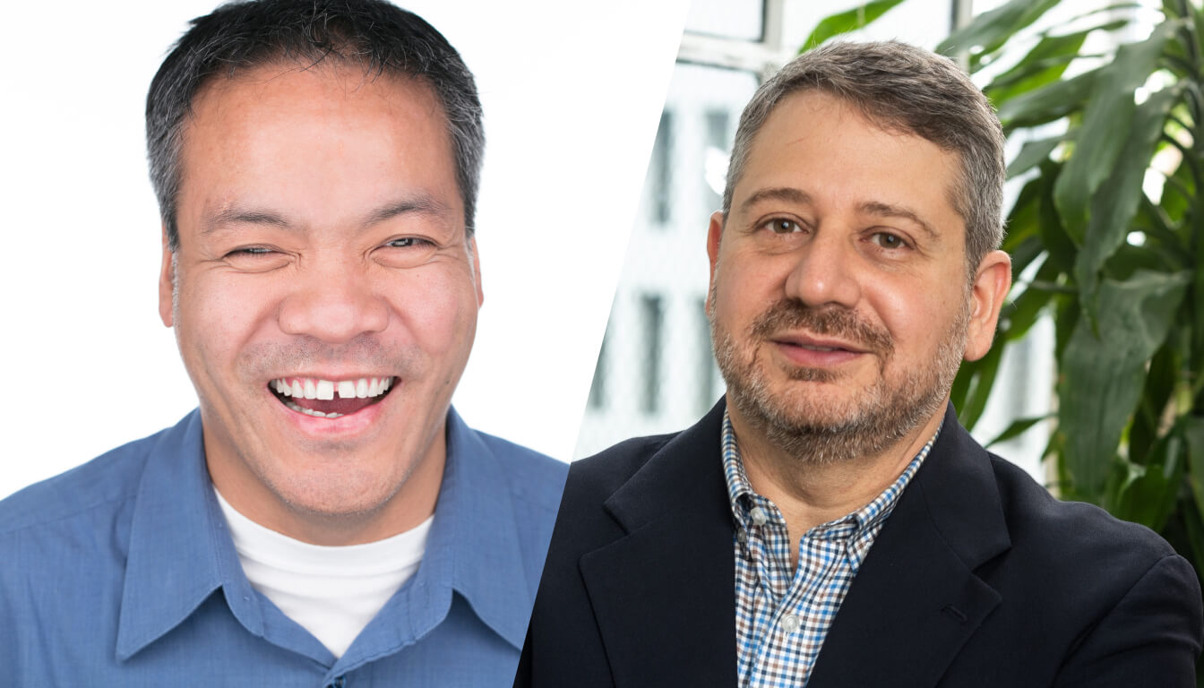 Two men appear in a split image. The man on the left, wearing a blue shirt, is smiling warmly. On the right, the man sports a checkered shirt under a dark jacket with a neutral expression.