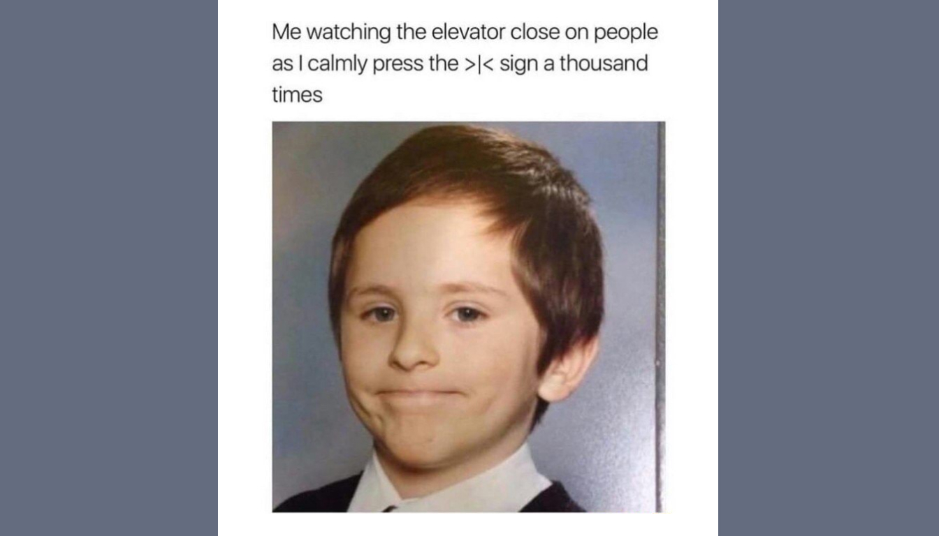 A child with a sly grin and narrowed eyes eagerly presses the elevator close button, swiftly sealing the doors before anyone else can step in.