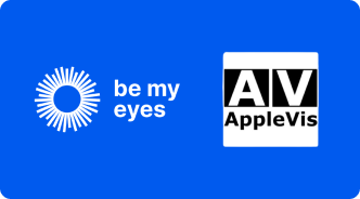 Blue background with white "be my eyes" text and logo on the left; "AppleVis" with "AV" in a black square on the right.