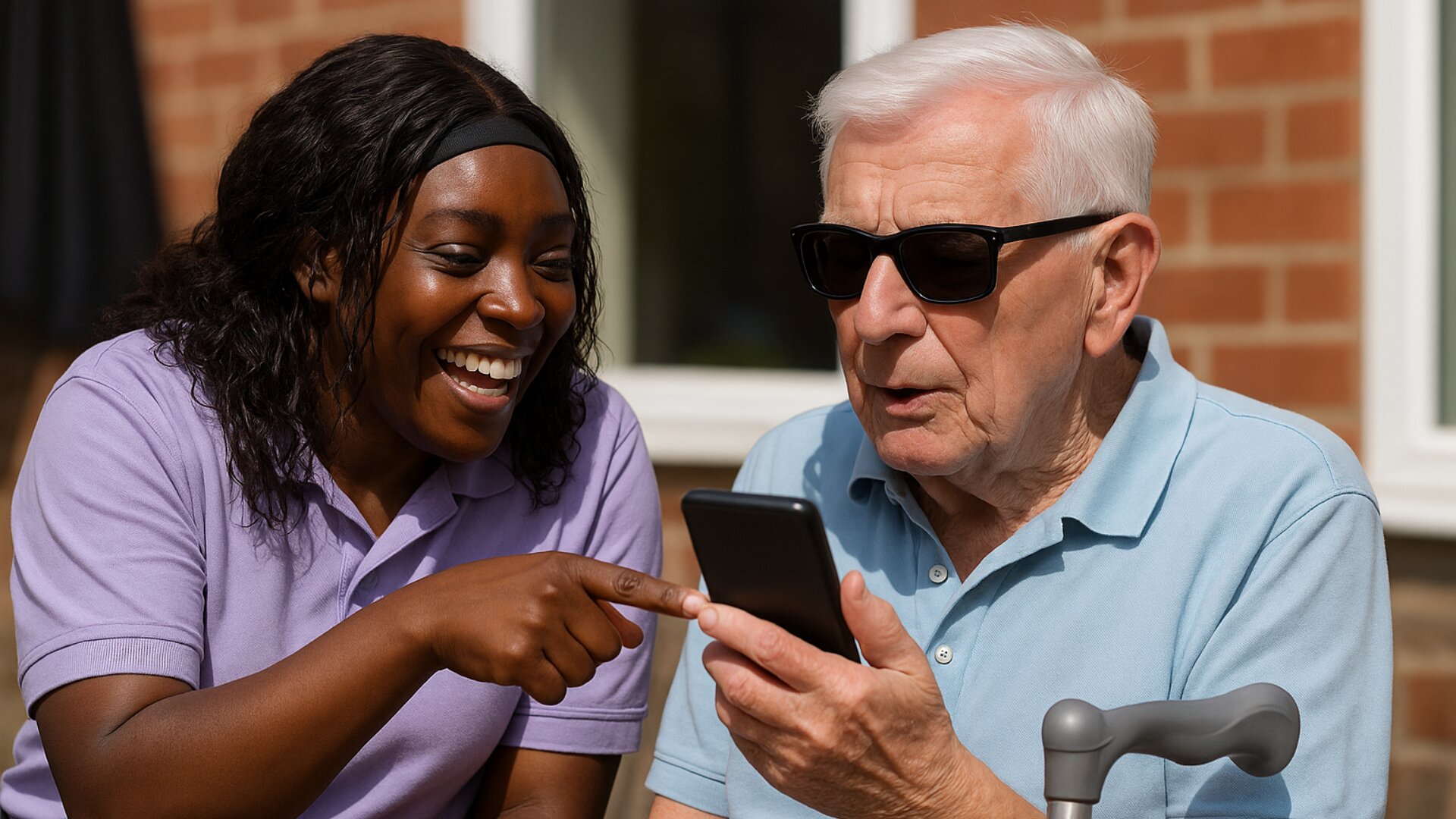 A young woman helps an older man wearing sunglasses use a smartphone outdoors. The man holds the phone while the woman points at the screen. A walking cane is beside the man.