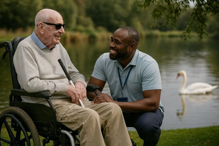 An elderly man in a wheelchair sits by a lake holding a cane, while a caregiver—reflecting the spirit of Be My Eyes Launches in the Care Sector—kneels beside him and smiles. A swan is visible on the water in the background.