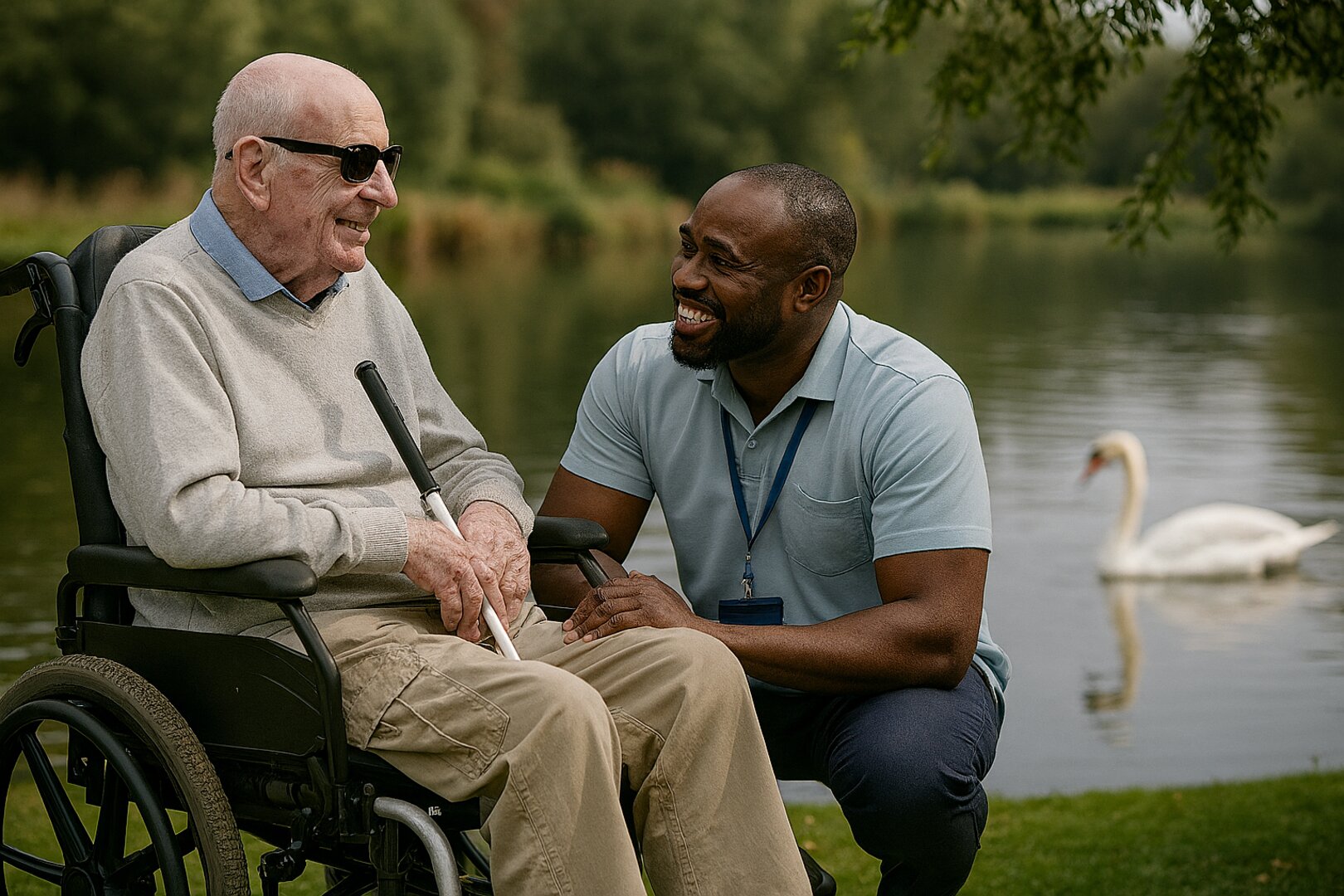 An elderly man in a wheelchair sits by a lake holding a cane, while a caregiver—reflecting the spirit of Be My Eyes Launches in the Care Sector—kneels beside him and smiles. A swan is visible on the water in the background.