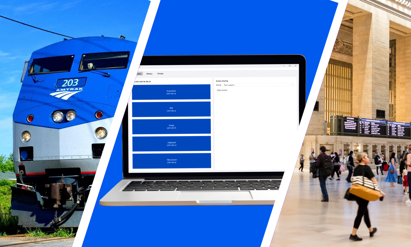 A blue Amtrak train, a laptop displaying a scheduling application, and people walking inside a busy train station.