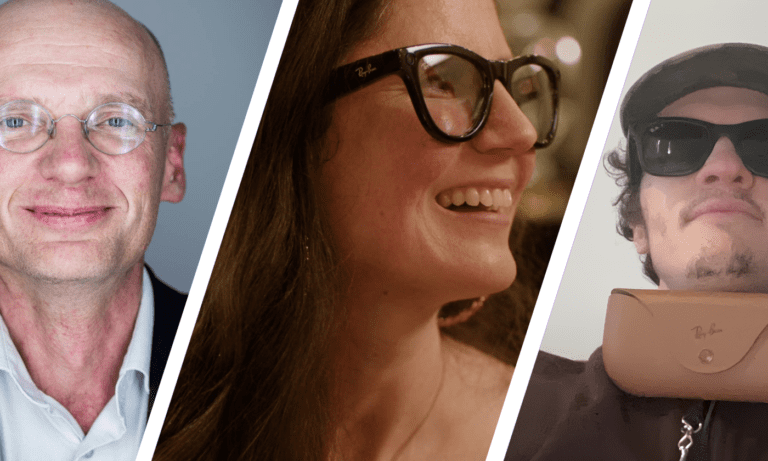 A collage of three people: an older man with glasses, a smiling woman in large black glasses, and a person in sunglasses and a cap with a brown case hanging from their neck.