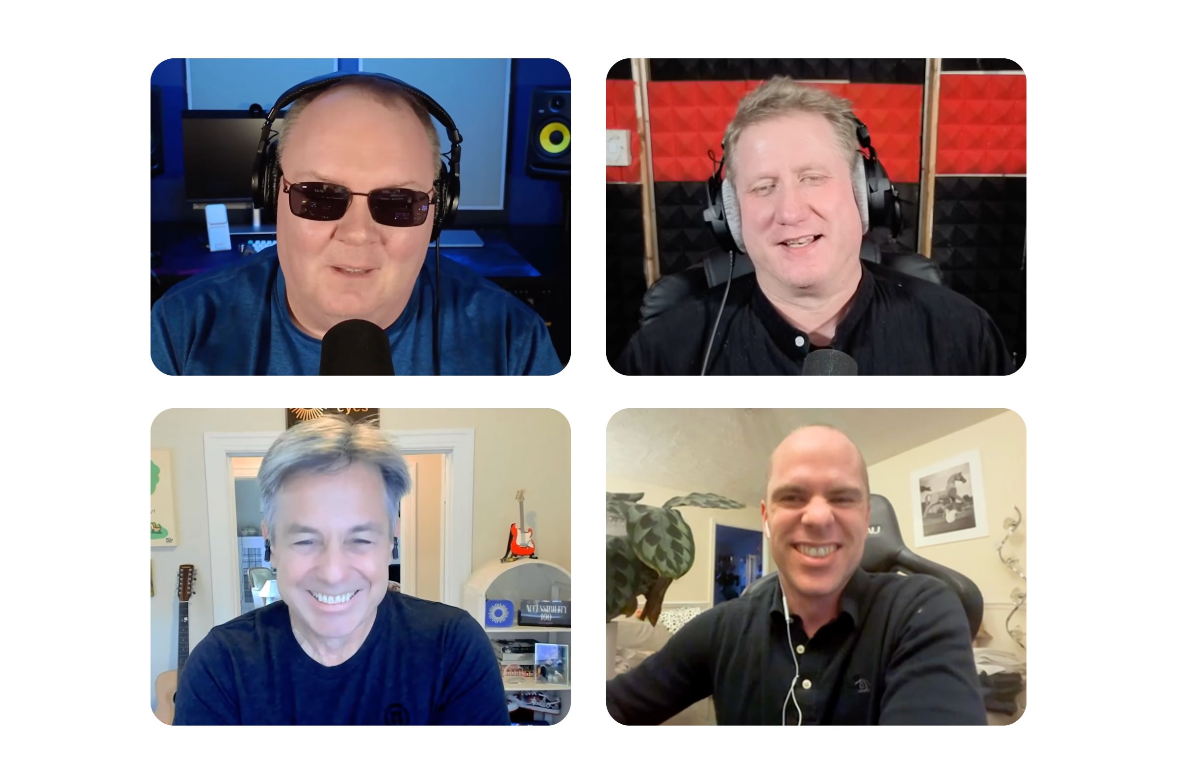 Screenshot of a video call with four men, each in a separate window, smiling and wearing casual clothing with microphones visible.
