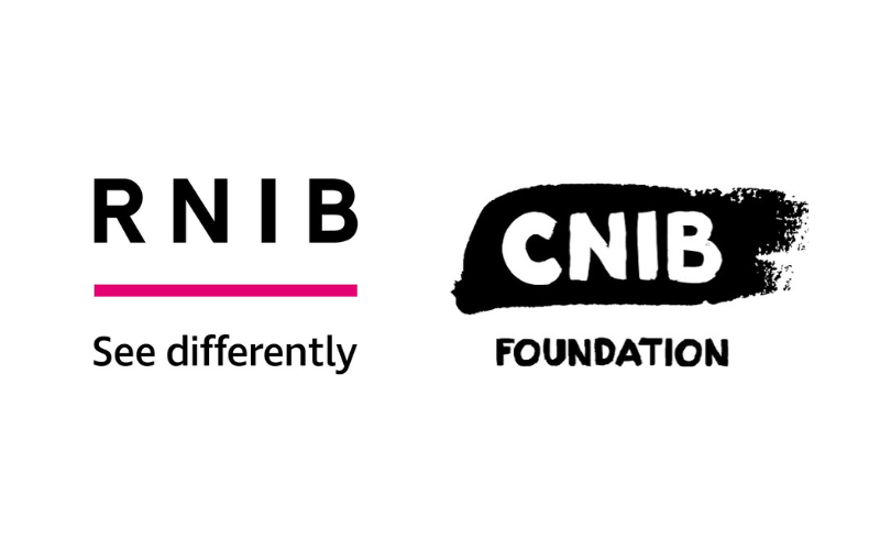 Logos for RNIB with the slogan "See differently" beside CNIB Foundation, both organizations supporting people with vision loss.
