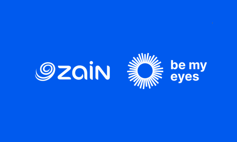 Zain and Be My Eyes logos side-by-side on a blue background.